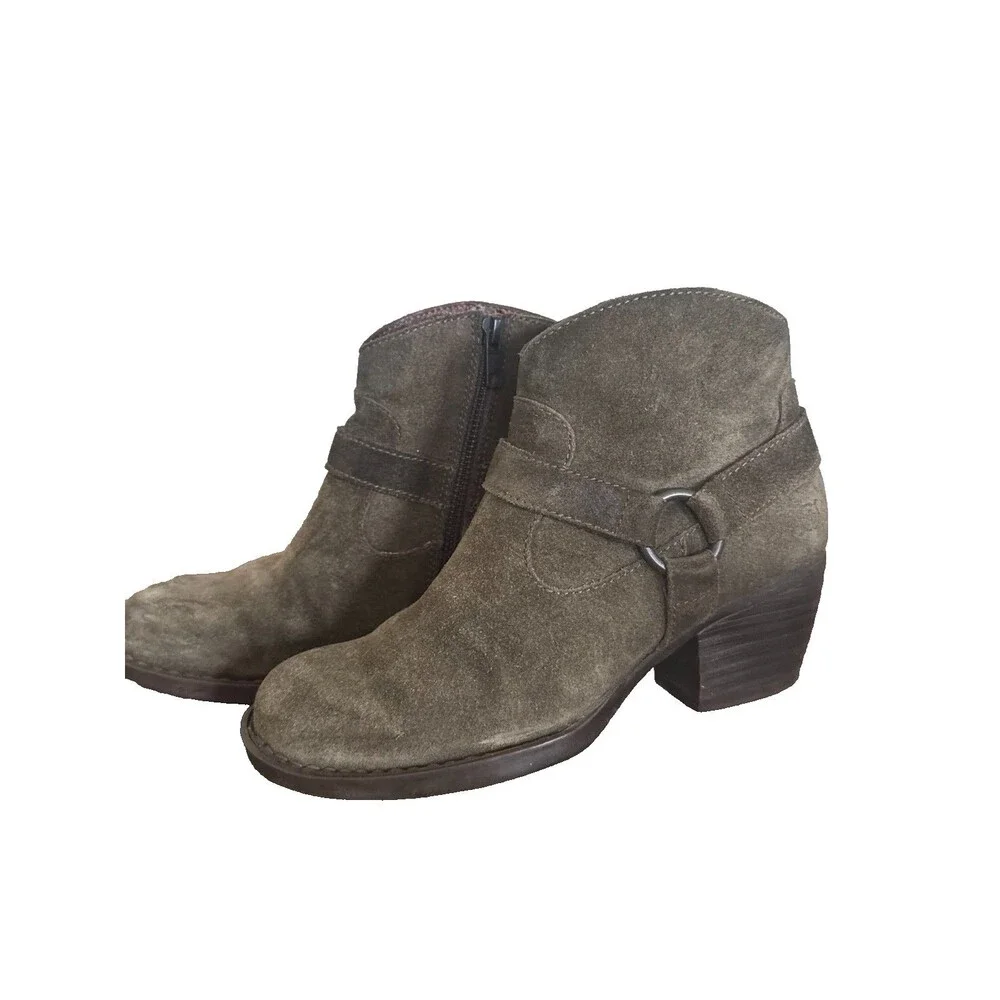 Born Suede Ankle Boots Olive Green Harness Western Boho Booties Womens 6 M